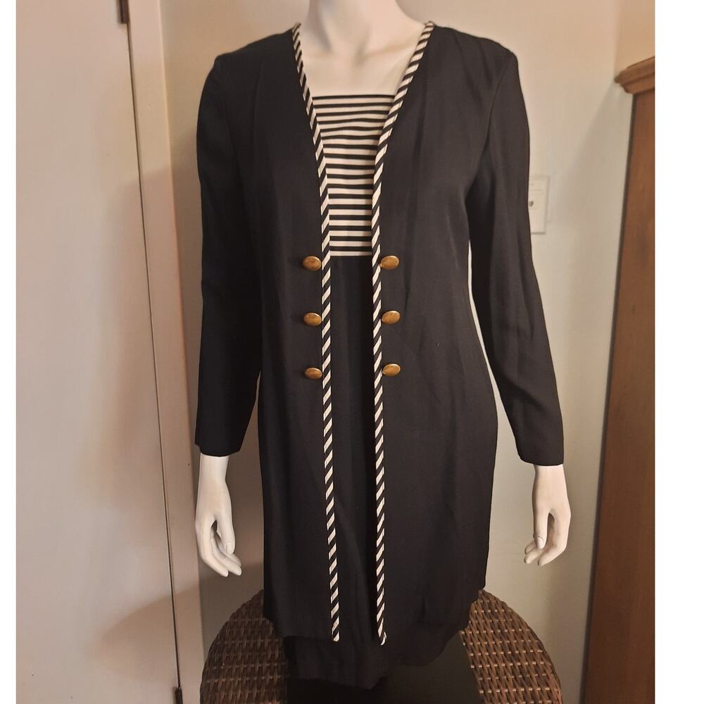 Vintage 90s Black Stripe Layered Dress Jacket Set 10 Gold Buttons Petite